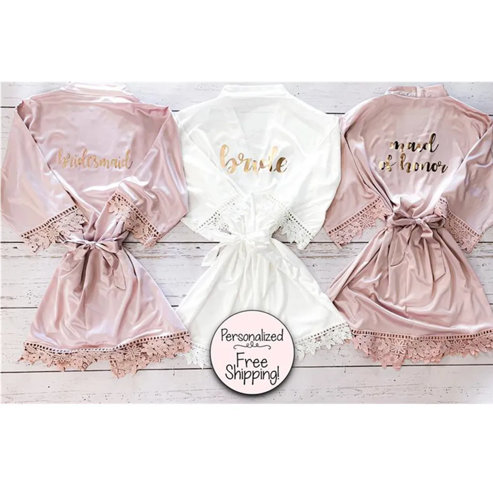 

Personalized foil gold Name bridal shower Kimono Robe blush Lace Bridesmaid Bathrobe Nightgown Wedding Get Ready Robe Mom's gift