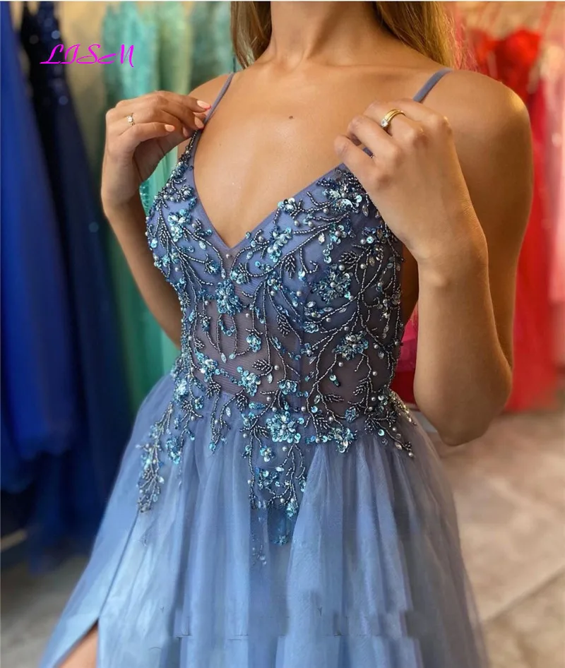 Blue Beading Tulle Long Prom Dresses Spaghetti Straps Side Slit Evening Gowns Elegant Women Party Special Occasion Dress