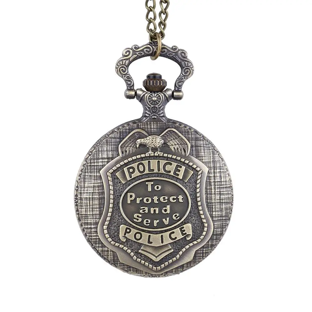 

8855Retro fashion trend police letter bronze open cover men and women children pocket watch with chain