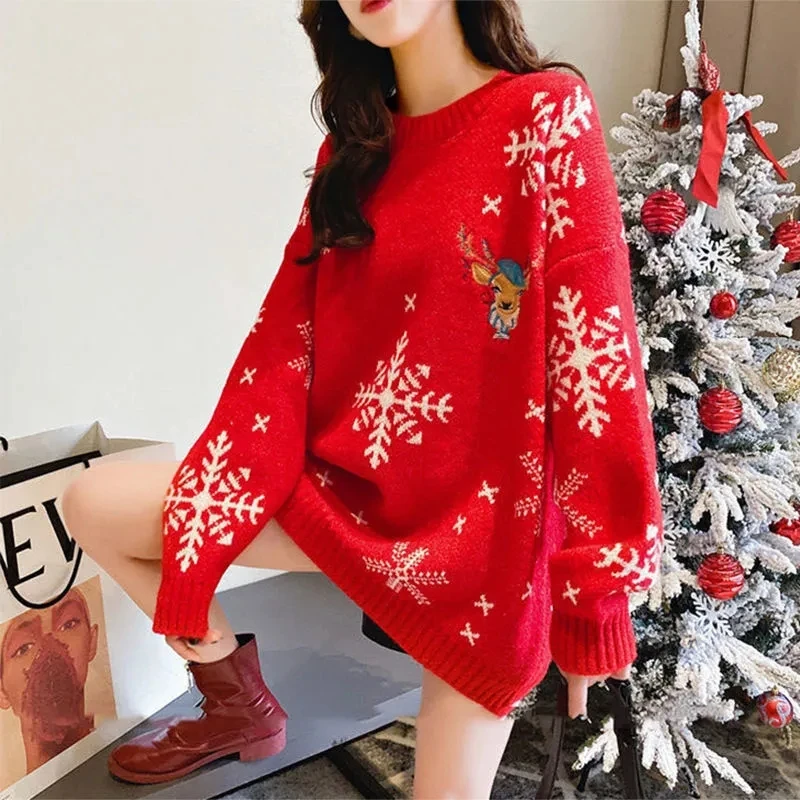 Christmas Heavy Industry Embroidery Sweaters Women 2021 Autumn And Winter New Red Pullover Korean Foreign Style Student Sweater