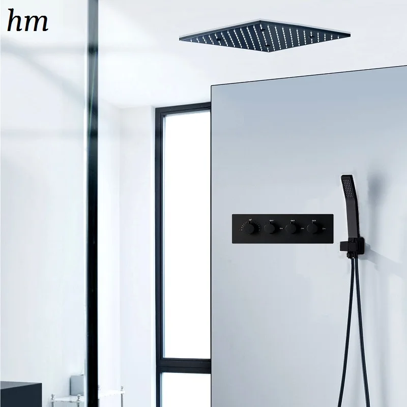 hm Modern 20 Inch Embed Ceiling Rain Mist Black Shower Faucet Set Constant Temperature Mixer Valve With Hand Held Showerhead