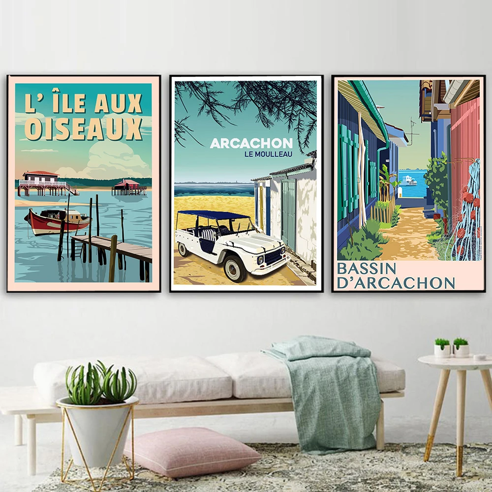 Vintage Wall Pictures Arcachon Basin Retro Travel Posters L'Herbe Village Ile Aux Oiseaux Landscape Canvas Painting Home Decor