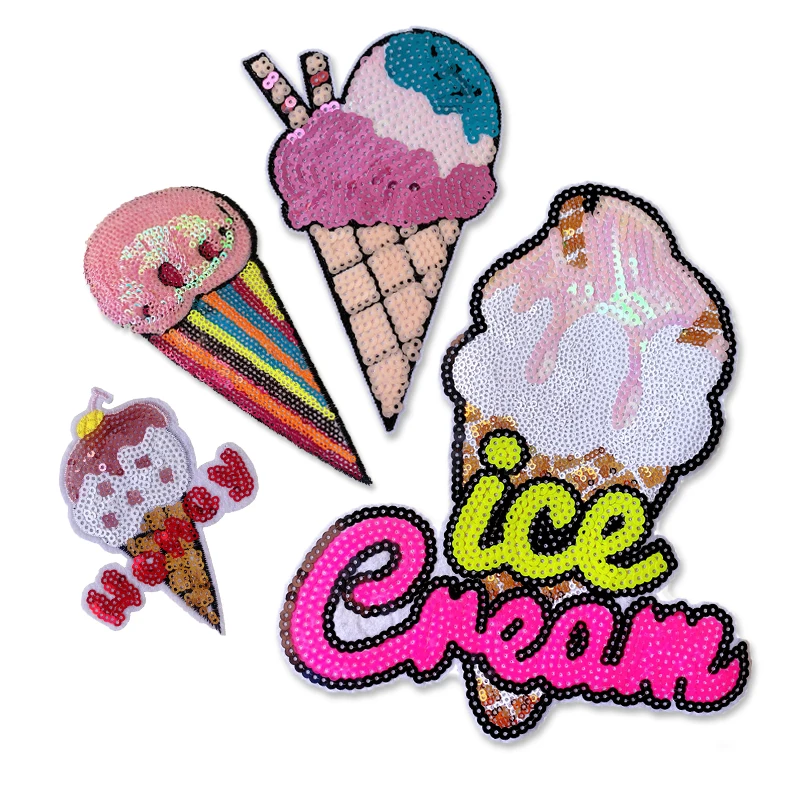 Sequins Ice Cream Patch French fries Embroidery Patch Letters Embroidered Wholesale Badges Iron on patches