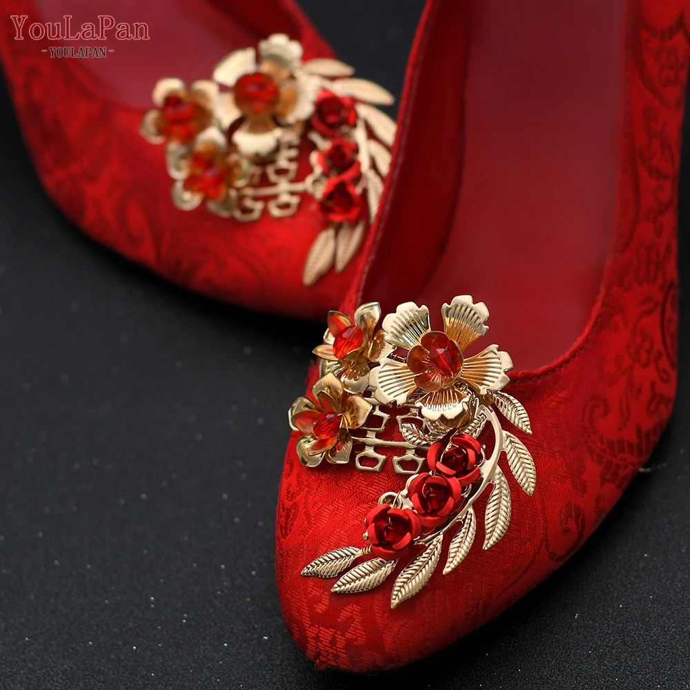 YouLaPan X28 Bride High Heels Clips Chinese Wedding Shoes Buckle Alloy Flower Shoes Clips Accessories Red Rose Shoe Buckle