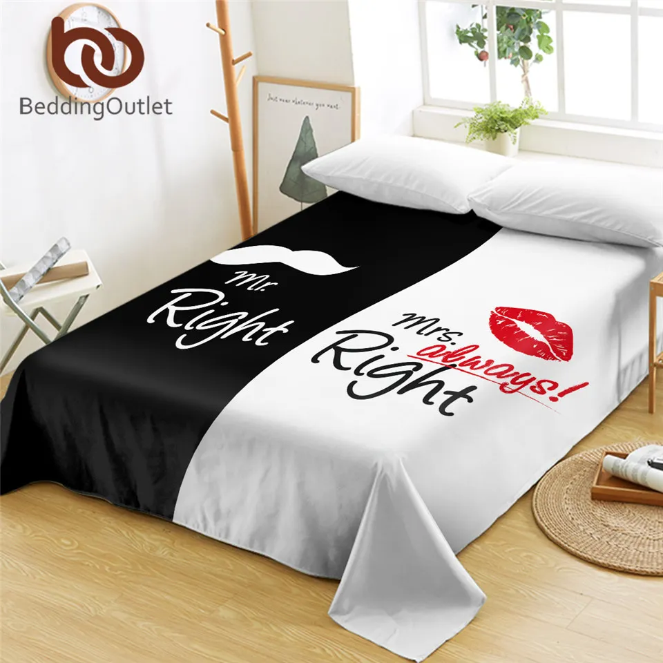 BeddingOutlet Mr and Mrs Bed Sheet Mr Right Flat Sheet for Couples Bedspreads King 1pc Moustaches Red Lips drap de lit Dropship