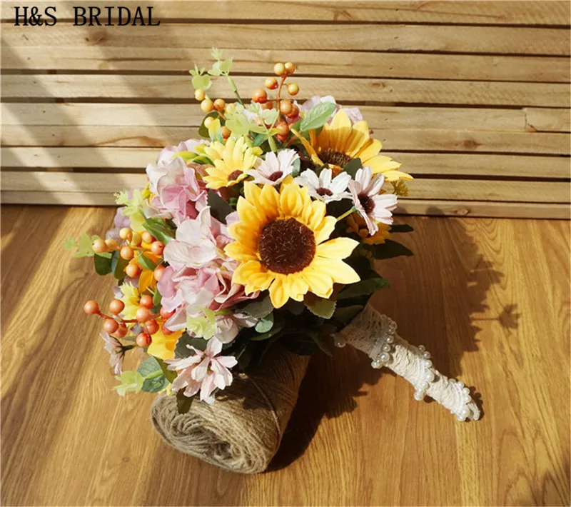 H&S BRIDAL Lace Handle Sunflower Wedding bouquet Sun Flower Bridal Bouquets Yellow Bridesmaid bouquets Artificial Wedding Flower