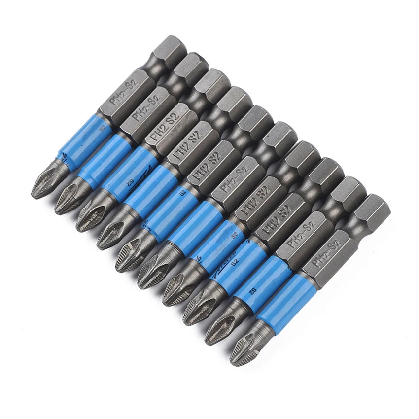 10PCS/Set Alloy Steel S2 PH2 Screwdriver Bit Phillips Bits 6.35mm Shank Non-Slip Screwdriver Bits Set with Magnetic, 50mm Long