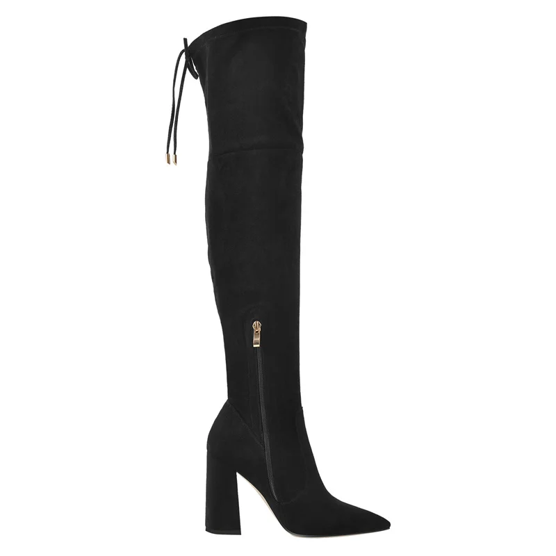 Onlymaker Women Pointed Toe Over The Knee Boots Lace-Up Black Flock PU High Stretch Chunky High Heel Zipper Large Size Boots