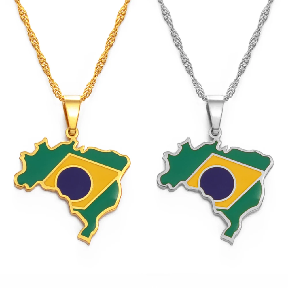 Anniyo Brazil Map and Flag Pendant & Necklace Brasil Maps Silver Color/Gold Color Jewelry #315921