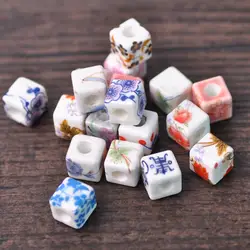 Perles en céramique en porcelaine pour bricolage, forme de cube, peinture de fleurs, bijoux exécutifs, résultats d'artisanat, 10mm, 10 pièces
