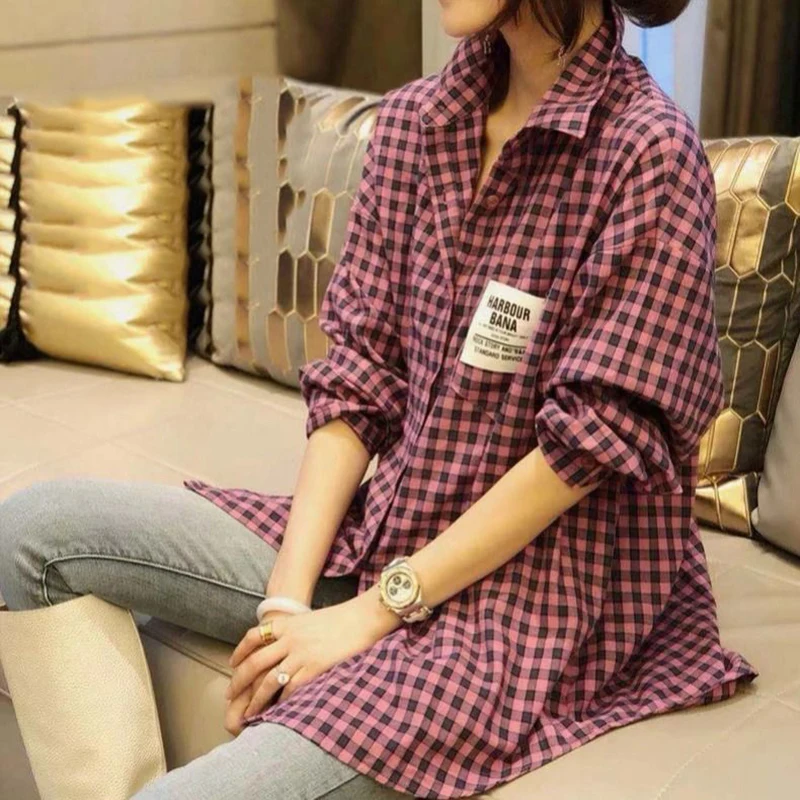 2020 Spring Autumn Korea Fashion Women Long Sleeve Plaid Shirts All-matched Casual Turn-down Collar Loose Green Blouses S696