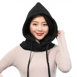 Women Winter Hooded Beanie Hat Thick Warm Cap Neck Collar Windproof Cotton Balaclava Solid Color