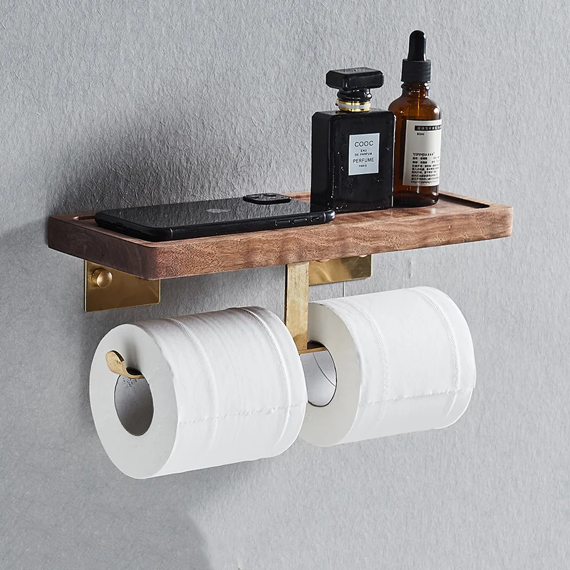 Solid Wood Bathroom Paper Towel Holder Multi-Functional Toilet Roll Towel Rack Wall Mounted Toilet Paper Box Mobile Phone Rack