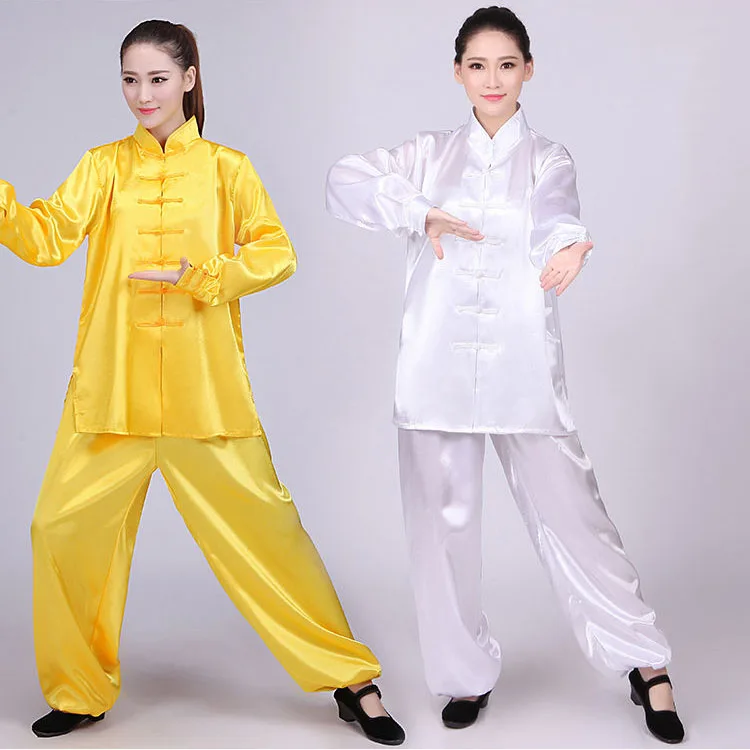 Hinese Traditional Clothing Set Man Woman Tai Chi Satin Silk Kung Fu Uniform Wushu Top Pants Training Performance Costumes