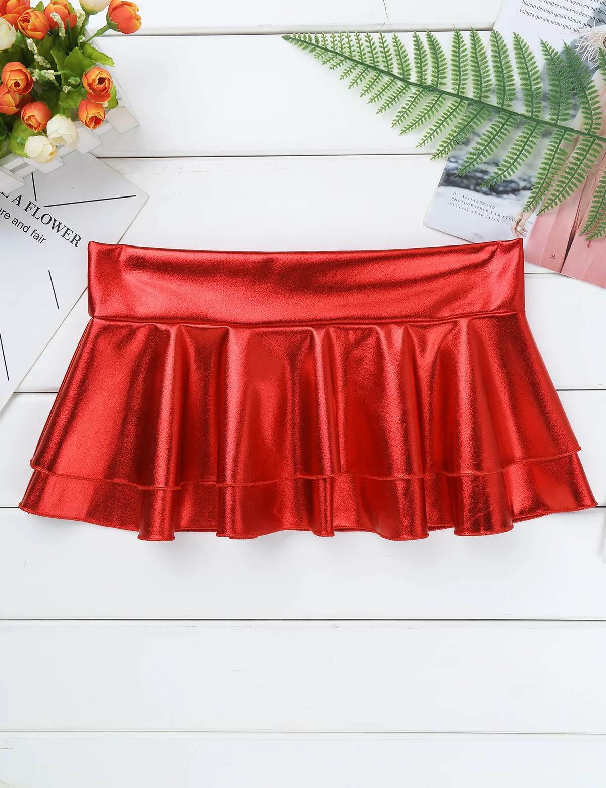 Womens Shiny Metallic Short Mini Skirts Low Rise Double Layered Ruffled Mini Skirt for Pole Dance Raves Festivals Party Costumes