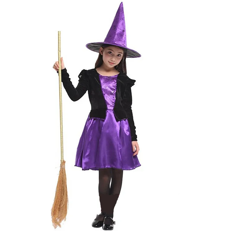 Purple M-XL Girls Halloween Witch Costume Kids Children Sorceress Cosplay Carnival Purim Parade Masquerade Role Play Party Dress