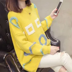 Autumn Winter Embroidery Long Knit Sweater Women Yellow Khaki Blue Korean Loose O-Neck Long Sleeve Pullover Knitted Tops Female