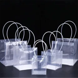 PP Transparent Square Plastic Bag Fresh Flower Bunch Plant Flower Bag Wedding Product Gift Bag Cake Bag with Long Handle 5pcs