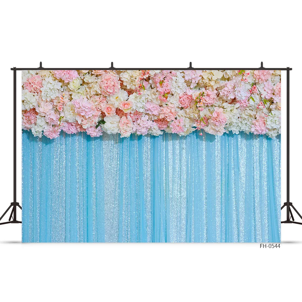 Blue Curtains Photography Backdrops Wedding Birthday Party Pink Flowers Wall Background For Bridal Shower Photo Studio Photocall