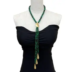 YYGEM Round Green Tiger Long Necklace Teardrop Tassels Necklace 18