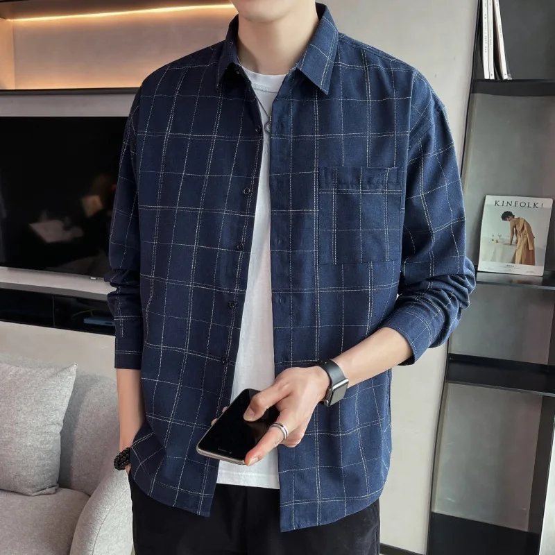 

C2107 Autumn Men Plaid Shirts Casual Youth Trendy Fashion Student Campus Classic Daily Lapel Long Sleeve Pocket Handsome Tops