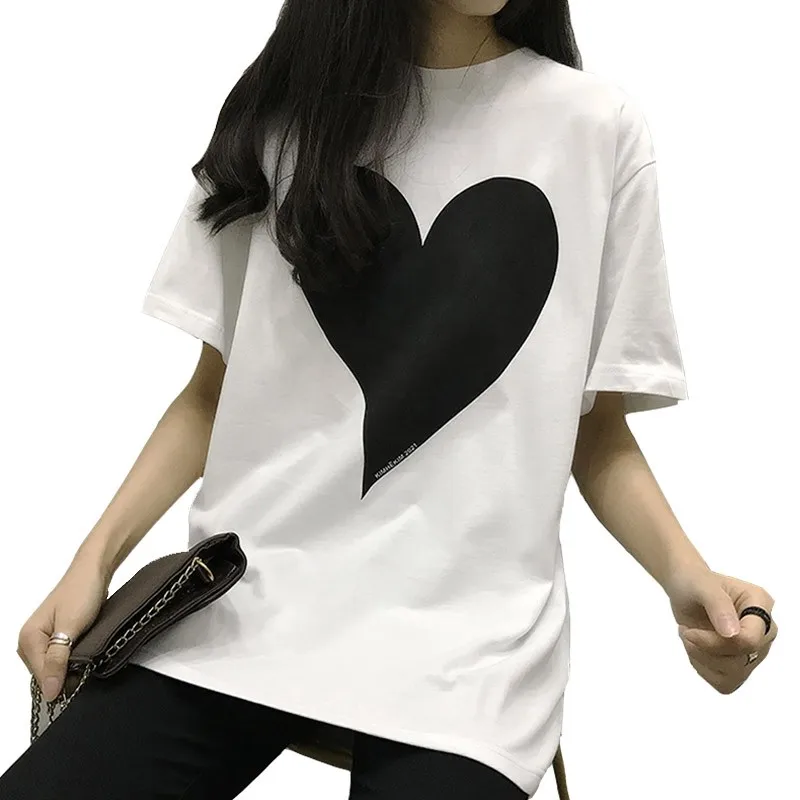 Spade Big Love Print Harajuku Loose Women T Shirt White Cotton Short Sleeve O Neck Tees Tops Bottom Fashion Brand