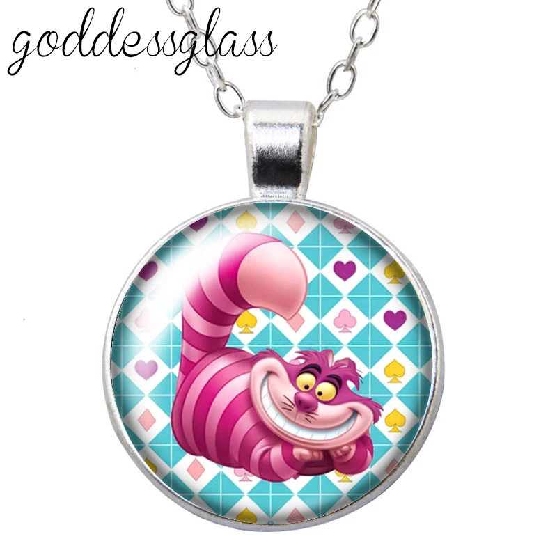 Cartoon Princess Alice Cheshire cat Rabbit clock Round Glass glass cabochon silver plated/Crystal pendant necklace jewelry Gift view 4