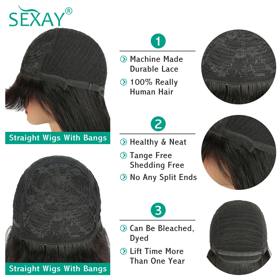 Sexay Wig Bob Pendek Hijau dengan Ketebalan 180 8-16 Inci Wig Rambut Manusia Lurus Tulang Indian Mentah dengan Wig Bang Ombre 1B Poni