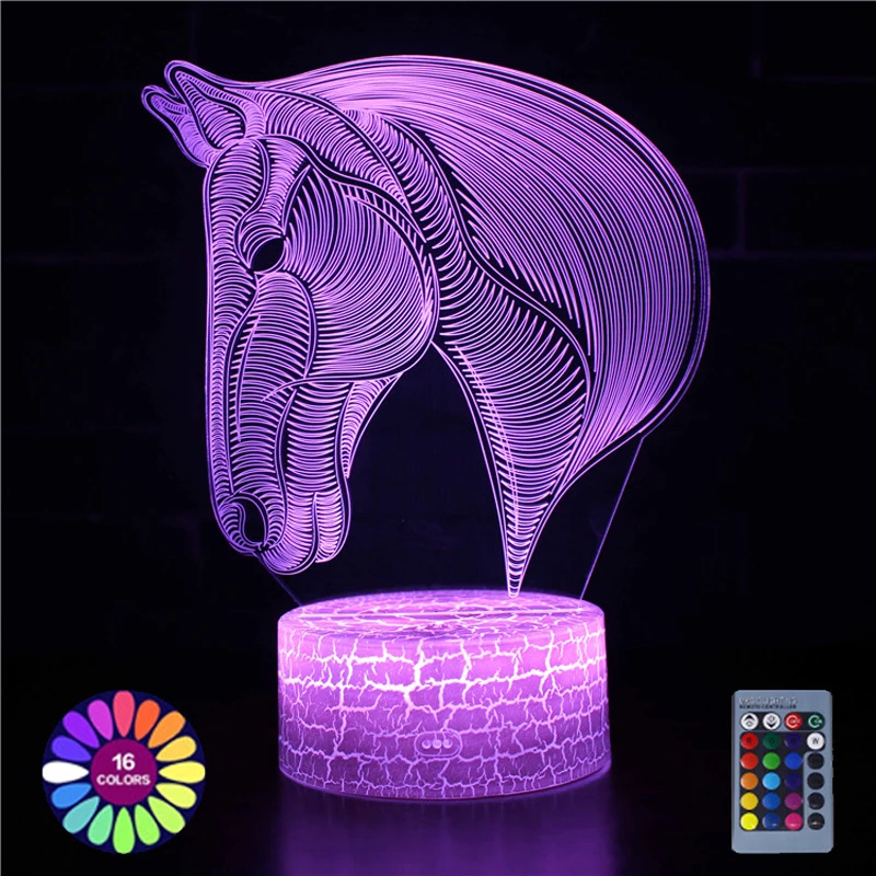 Luces de noche de ilusión 3D de estilo de caballo, lámpara de mesa USB con Control remoto táctil cambiante de 7 colores para decoración de la