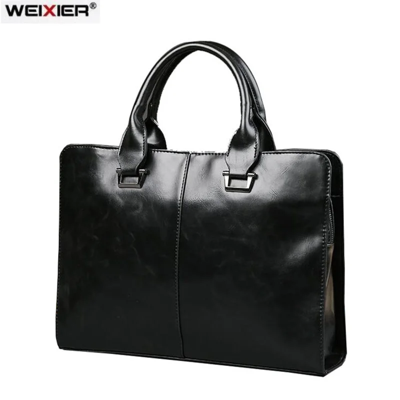 Men\'s Business office Briefcase Computer Laptop Handbag male Top PU Leather Tote man Large Solid Shoulder bags Black Vintage bag