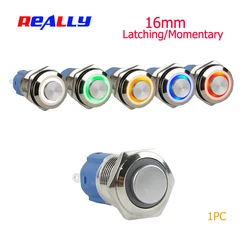 16mm Latching Waterproof Metal Push Button Switch Ring LED 3V  6V 12V 24V 36V 48V 110V 220VRed Blue Green Yellow White Button