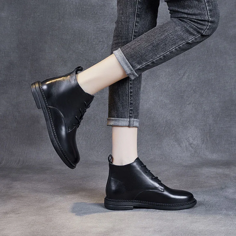 DRKANOL 2024 Classic Black Women Genuine Leather Boots Winter Warm Flat Heel Ankle Boots Ladies Round Toe Casual Leather Shoes