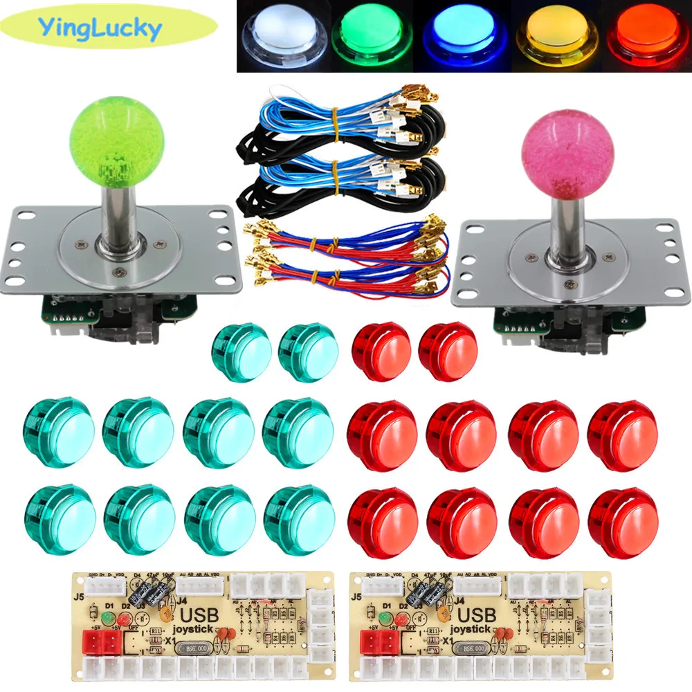 LED Arcade DIY kit with 20 LED Arcade buttons, 2 LED joysticks and 2 USB encoder cable kits for PC Game MAME