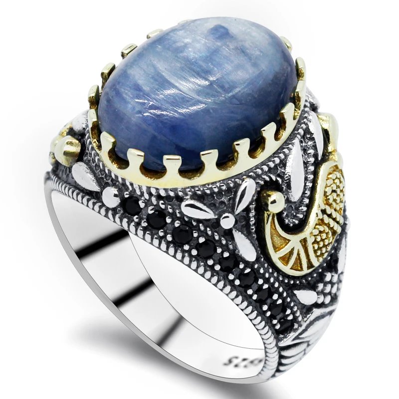 

New Fashion Türkiye Men's Handmade Ring S925 Sterling Silver Natural Kyanite Luxury Religious Muslim Islamic Jewelry Party Gift