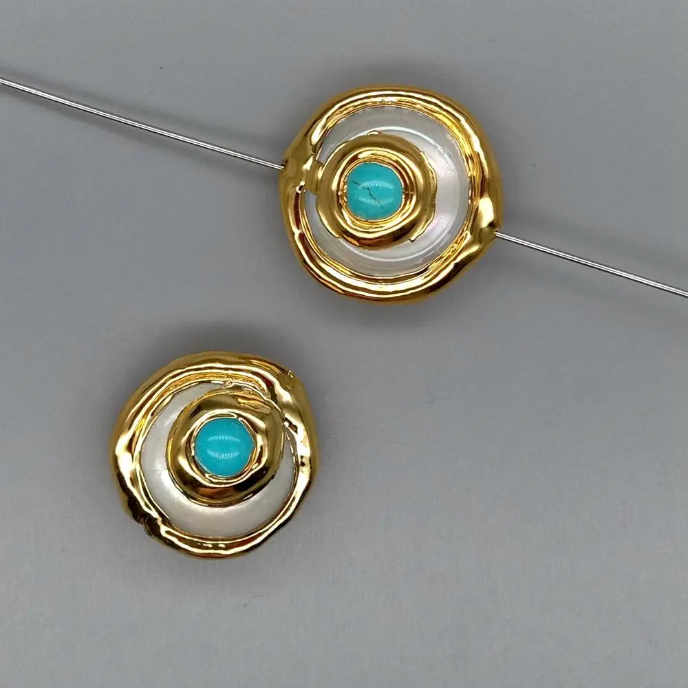 10 pcs Cultured White Coin Pearl Beads Trimmed With Blue Turquoise Metal Bezel