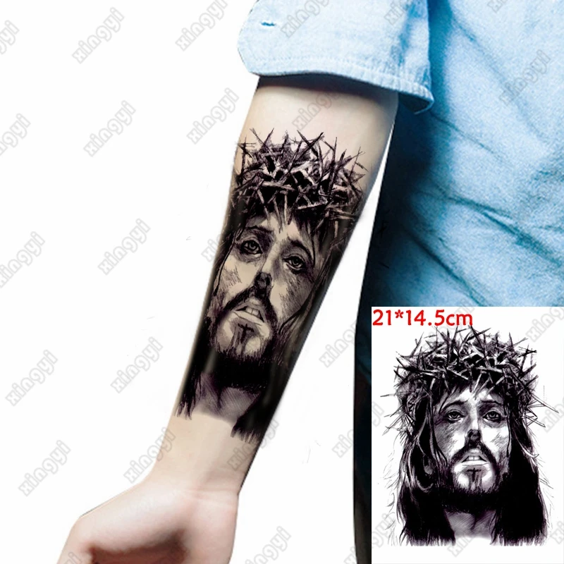 

Waterproof Temporary Tattoo Sticker Jesus Wolf Feather Flash Tattoos Women Warrior Crown Body Art Arm Fake Tatoo Men