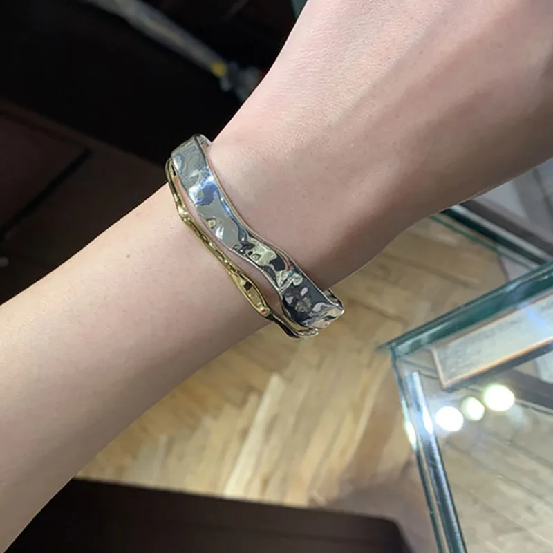 Foxanry Minimalistเงินสีกว้างสร้อยข้อมือผู้หญิงINSแฟชั่นVINTAGE Punkไม่สม่ําเสมอรูปแบบเครื่องประดับของขวัญ