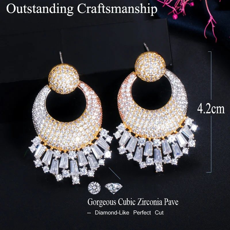 CWWZircons Luxury Long Big Drop Cubic Zirconia Women Wedding Engagement Party Indian Gold Plated Earrings Costume Jewelry CZ723