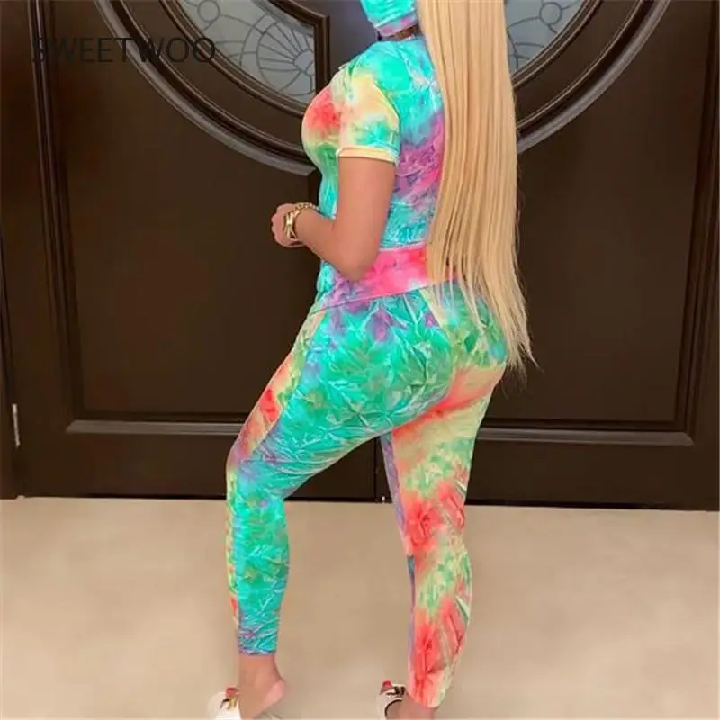 Ladies sports suit round neck tie-dye casual fashion home short-sleeved top sports two-piece suit