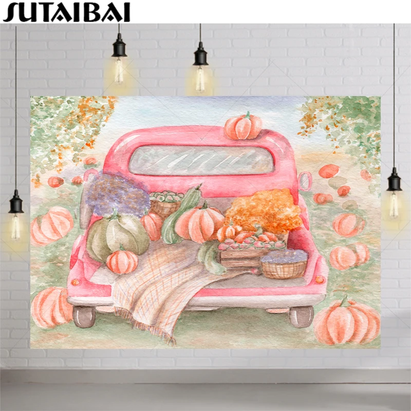 Fall Photography Backdrop Autumn Maple Leaves Harvest Pumpkin Pink Truck Kids Photo Background Newborn Photo Studio Photophone