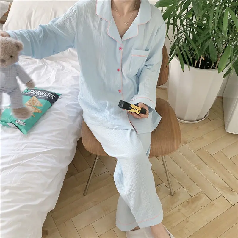 QWEEK Cotton Yarn Room Wear Solid Women\'s Pajamas Pijamas Feminino Pyjama Pour Femme Kawaii Clothes Korean Trouser Suits