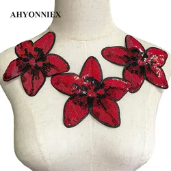 AHYONNIEX 3PCS Flower Embroidery Patch Sequin Beaded Banner For Clothing Clothes Sticker Embroidered Appliques Iron On Parches