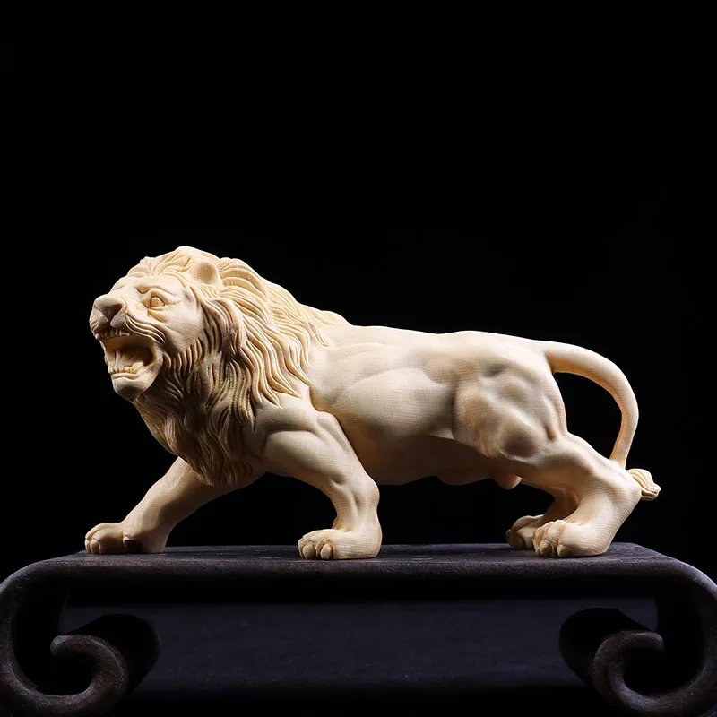 Cypress carved lion ornaments solid wood carved animal furnishings office desktop ornaments gifts stationery and crafts