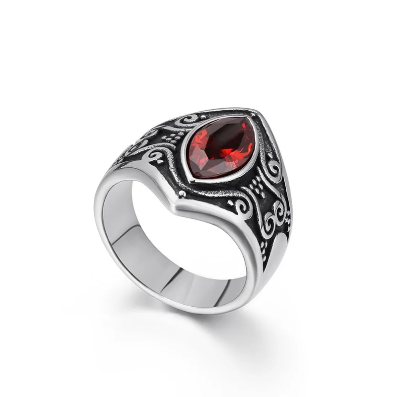 Vintage Jewelry Stainless Steel Red Stone Carved Men\'s Ring Personality Fashion Ring