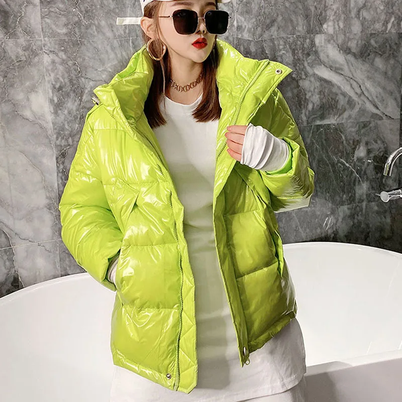 2024 Winter Korean Women Hooded Glossy Cotton Coat Candy Color Drawstring Long Sleeve Yellow/orange Winter Parkas Female Outwear