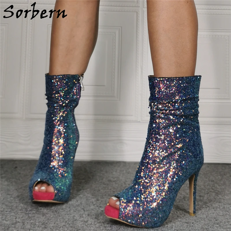 Sorbern Glitter Sparked Ankle Boots For Women Peep Toe High Heel Stilettos Platform Shoes Plus Size 12 Sissy Boy Shoes