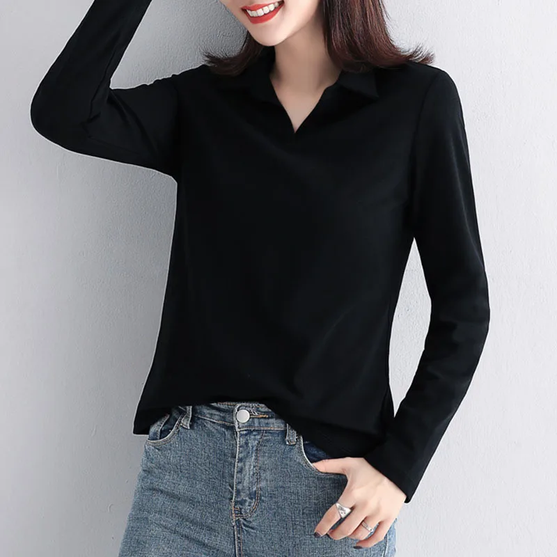 Women Cotton T-shirt Solid color Lady Polos Long Sleeve Autumn Winter Women\'s clothings All match Female T-shirts