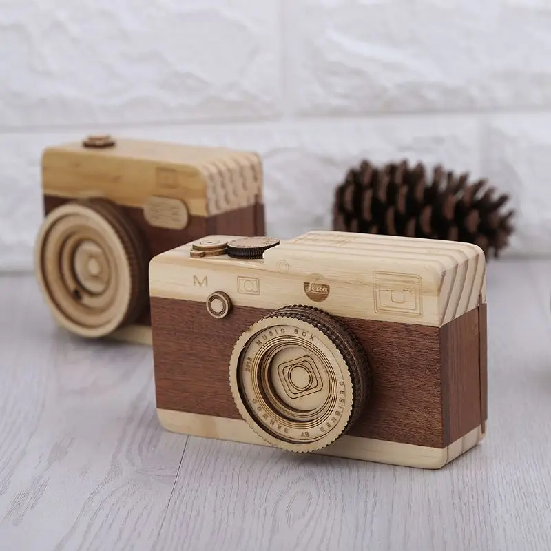 Houten Muziekdoos Retro Camera Ontwerp Klassieke Melodie Verjaardag Woondecoratie D5QA