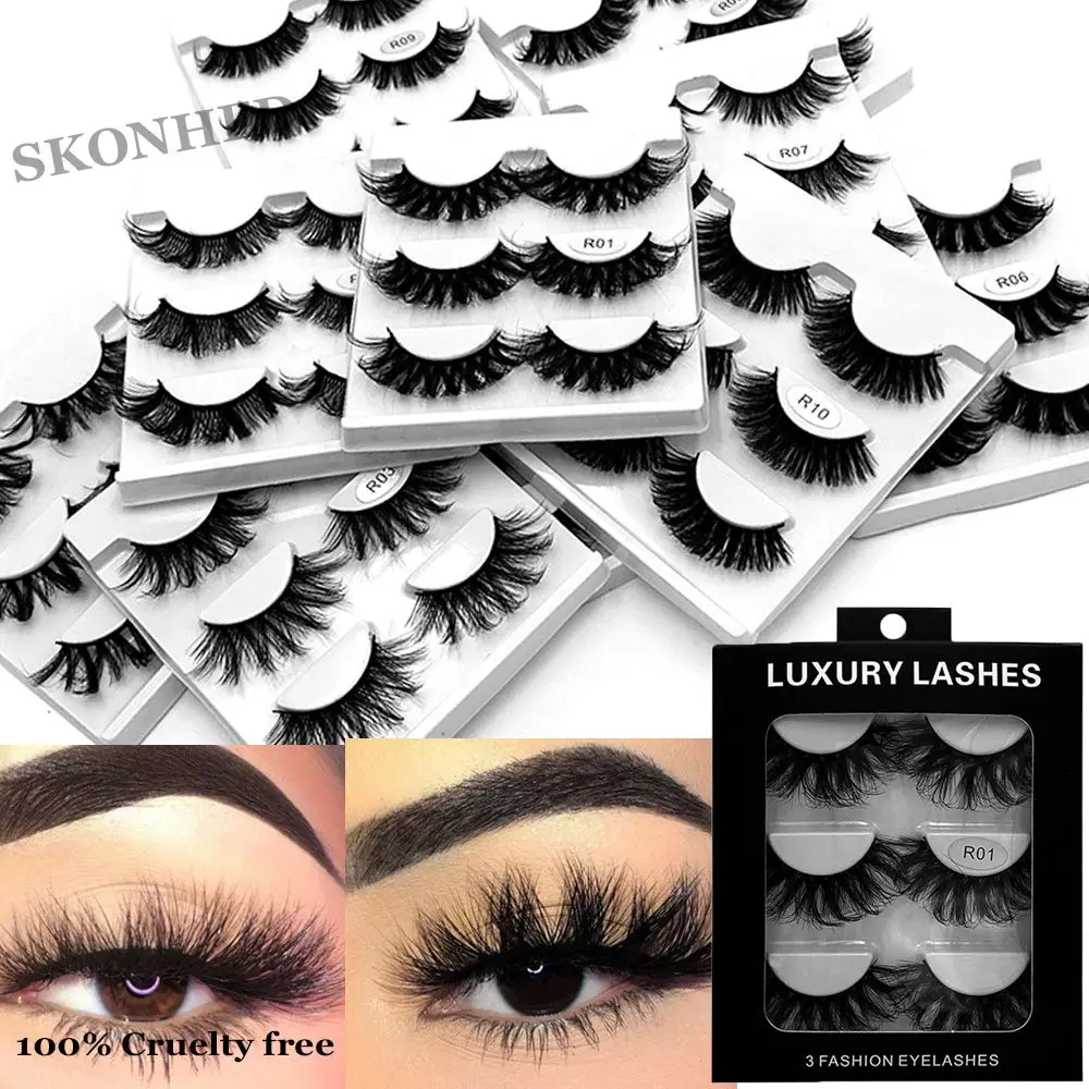 SKONHED 3Pairs Eye Makeup Tools Handmade Dramatic False Eyelashes 100% Cruelty free 3D Mink Lashes 20mm Fluffy