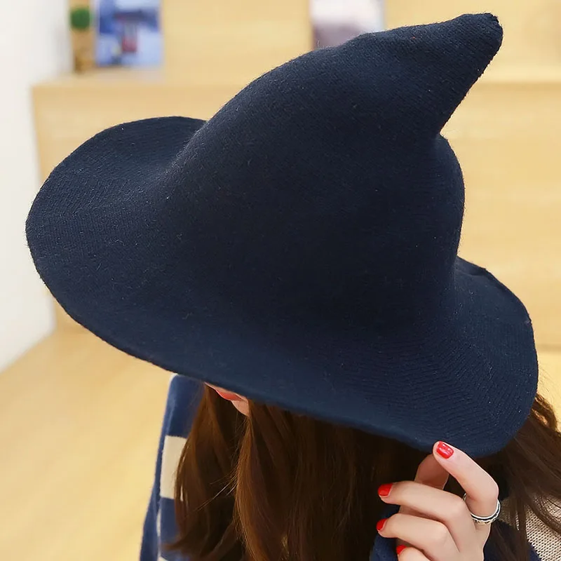 Women  Wool Felt  Bucket Hat Autumn Winter Witch Costume Tall Fedora Solid Color Knit Cap